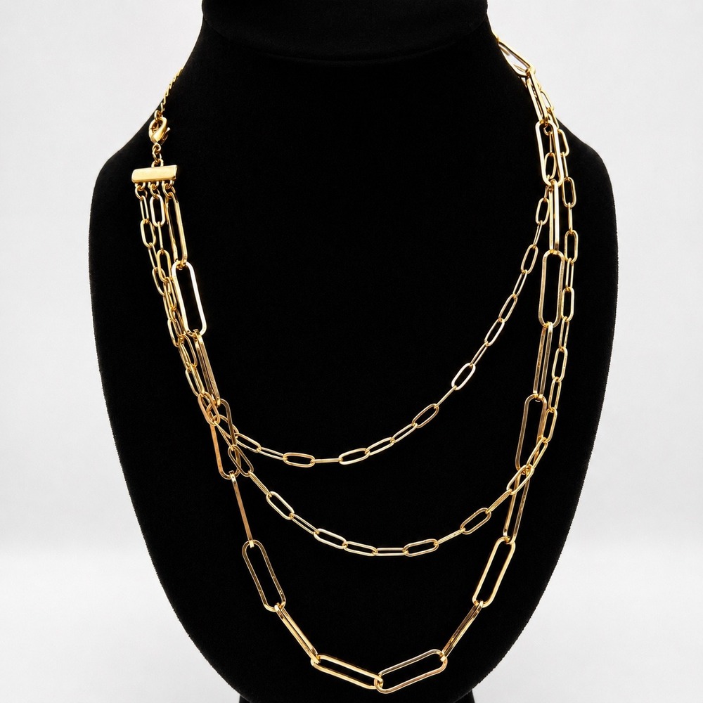 Gold Tone Triple Strand Paperclip Chain Layered Necklace Adjustable 20 Inch